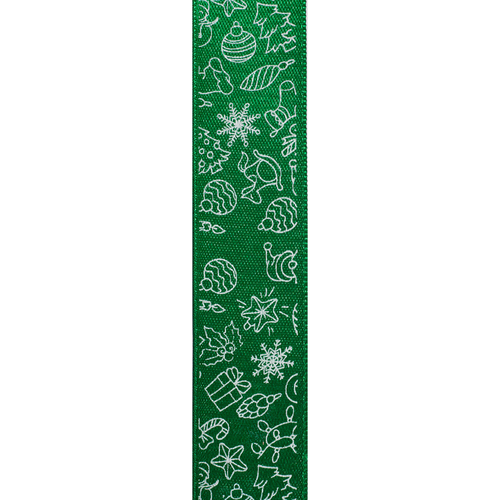 Cinta Raso 24 mm Verde Estampado Navidad Blanco